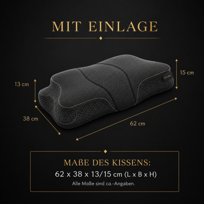 Maße des ergonomischen OKTABIN Marbella Nackenstützkissens 62 x 38 cm mit 13 und 15 cm Höhe
