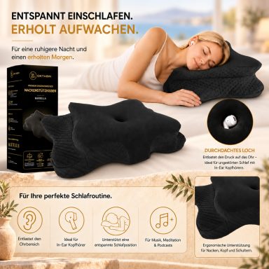 Entspannt einschlafen mit OKTABIN Marbella Frau schläft auf dem OKTABIN Marbella ergonomischen Memory Foam Nackenstützkissen