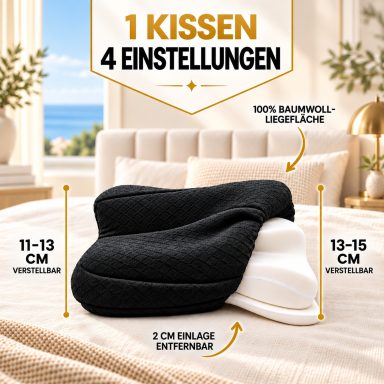 1 Kissen – 4 Einstellungen Höhenverstellbares OKTABIN Marbella Nackenstützkissen mit vier wählbaren Höhen