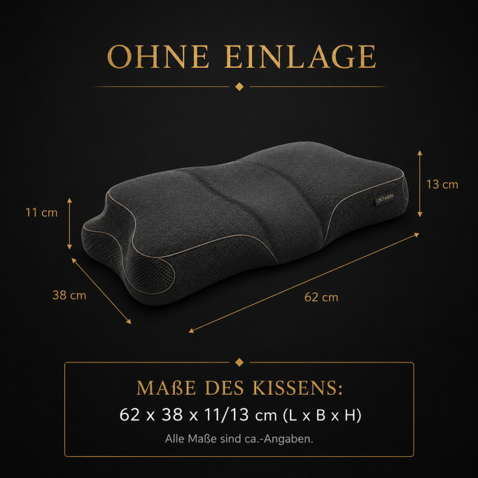 Maße des ergonomischen OKTABIN Marbella Nackenstützkissens 62 x 38 cm mit 11 und 13 cm Höhe