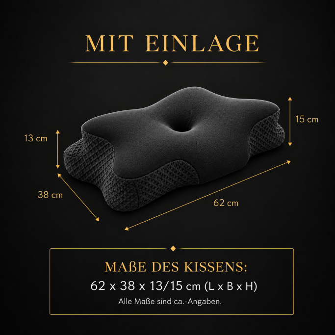 Maße des ergonomischen OKTABIN Marbella Nackenstützkissens 62 x 38 cm mit 13 und 15 cm Höhe